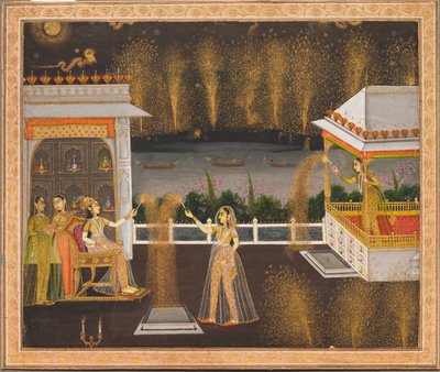 Hölgyek ünneplik a Diwalit, 1760 körül (fedetlen akvarell és arany, papír) alkotó: School Mughal