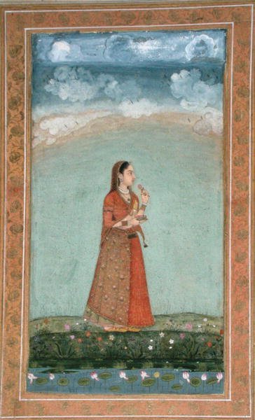 Hölgy a kezében egy tál rózsavirággal, a Small Clive Albumból (átlátszatlan akvarell papíron) alkotó: School Mughal
