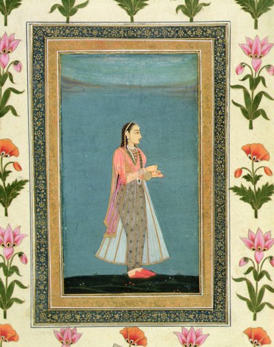 Hölgy a kezében egy borosüveggel és csészével, a Large Clive Albumból (akvarell papíron) alkotó: School Mughal