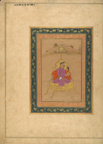 A 3. Akbar mogul császár a királyi trónon ül, miközben tartja a koronáját alkotó: School Mughal