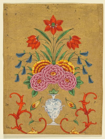 Váza virágdíszítéssel és tekercsekkel, 1750-1800 körüli (fedetlen akvarell aranyfestékkel, papír) alkotó: School Mughal