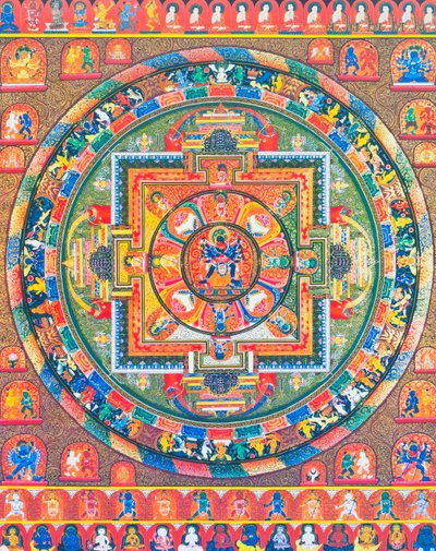 Chakrasambhara Mandala, amely Sambhara főistenséget ábrázolja, aki átöleli hitvesét, Vajrabarahit, ami a bölcsesség és a gyakorlat egyesülését szimbolizálja a legfelsőbb boldogság elérése érdekében (guache a ruhán) alkotó: School Nepalese
