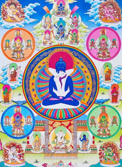 Kép, amely Samantabhadrát és hitvesét ábrázolja, szimbolizálva az abszoluttal való egységet (gouache a ruhán) alkotó: School Nepalese