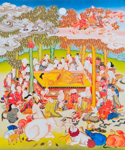 A Nirvána Buddháját ábrázoló kép (gouache a ruhán) alkotó: School Nepalese