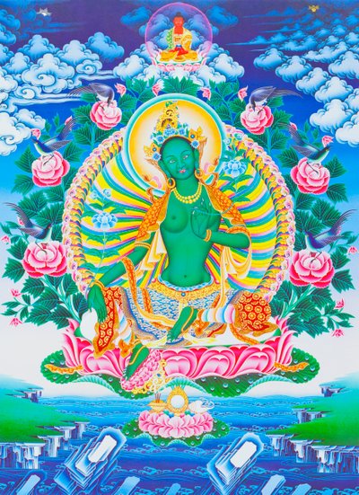 Kép, amely a zöld Tarát ábrázolja, az anyai védelmezőt minden veszélytől a létezés óceánjában (gouache a ruhán) alkotó: School Nepalese