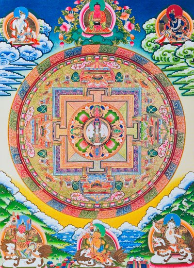 Mandala ezer karral Avalokiteshvara; a szent, mágikus kör, amely a tizenegy fejű bódhiszattvát ábrázolja, amely a végtelen együttérzést szimbolizálja (guache a ruhán) alkotó: School Nepalese