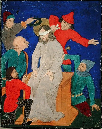 Christ Mocked (gouache és fekete tinta és festék pergamenre) alkotó: School Netherlandish