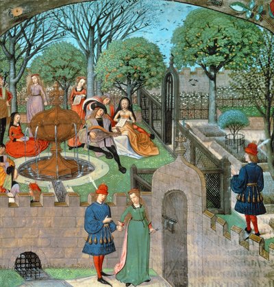 Harl 4425 f.12v Kerti jelenet, Oyseuse szeretője és hölgye (Tétlenség) a kert falain kívül, a "Roman de la Rose"-ból, Bruges, 1490-1500 körül (vellum) alkotó: School Netherlandish