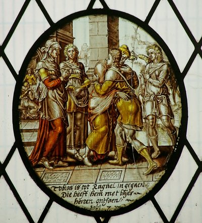 Roundel: Tóbiás megérkezik Ecbatanába (ólomüveg) alkotó: School Netherlandish