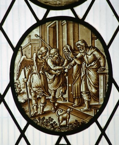 Roundel: Tóbiás elmegy az angyallal, valószínűleg 19. század (ólomüveg) alkotó: School Netherlandish