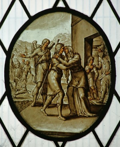 Roundel: Tóbiás visszatér Sarah-hoz (ólomüveg) alkotó: School Netherlandish