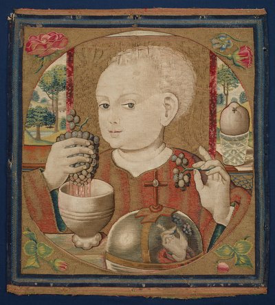 A csecsemő Krisztus préseli az Eucharisztia borát, 1500 körül (vászon láncfonalak, gyapjú, selyem és aranyozott vetülékfonalak) alkotó: School Netherlandish
