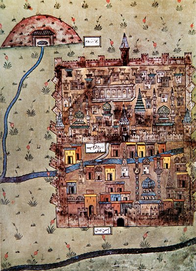 Erzerum térképe, Törökország 1600 körül (színes litó) alkotó: School Ottoman