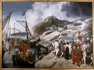 OTTOMÁN Birodalom: Mehmet szultán hajóinak vízre bocsátása az Aranyszarvhoz a hódító szultán... (olaj, vászon) alkotó: School Ottoman