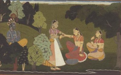 51.207/11 Egy bizalmas könyörög Radhához, hogy találkozzon Krsnával, illusztráció a „Gita Govinda” sorozatból, Basohli, Himachal Pradesh alkotó: School Pahari