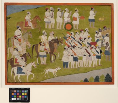 Egy bhoti herceg a vadászatra készül, 1800 körül (papíron átlátszatlan w/c) alkotó: School Pahari