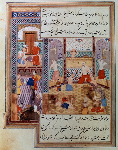 Férfiak csoportja hammamban. Perzsa miniatűr a 2743-as kéziratból, Paris, B.N. alkotó: School Persian