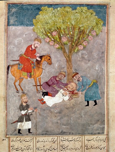 Iszlám művészet: Az ellenségek lefejezettek. Perzsa miniatűr a „Shahnameh” című epikus költemény kéziratából (Shah Nama, Shahnama) (Királyok könyve), Ferdowsi (Firdawsi vagy Ferdawsi vagy Firdousi, kb. 940-1020 körül) Biblioteca Nazionale Nápoly alkotó: School Persian
