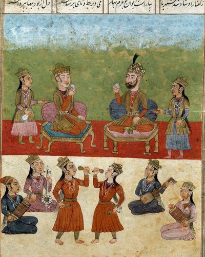 Iszlám művészet: koncert és szórakozás a háremben. Perzsa miniatűr a „Shahnameh” című epikus költemény kéziratából (Shah Nama, Shahnama) (Királyok könyve), Ferdowsi (Firdawsi vagy Ferdawsi vagy Firdousi, kb. 940-1020 körül) Biblioteca Nazionale Nápoly alkotó: School Persian
