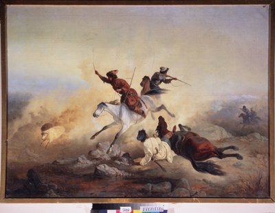 Ragadozó támadás. Harc és üldözés lóháton Dagesztán (Dagesztán) hegyeiben, az orosz hadsereg és a kaukázusi harcosok között, 1830 és 1860 között. Orosz mester festménye, olaj, vászon. orosz művészet alkotó: School Russian