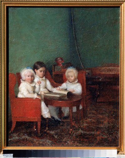 Gyermekek egy belső térben. Névtelen festmény. Olaj, vászon, 25,2 x 20,6 cm alkotó: School Russian