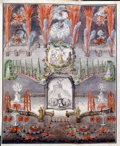 Tűzijáték és világítás 1747. szeptember 17-én Gostilitsyben (Oroszország). Névtelen mű, akvarellel színezett rézmetszet, 18. század közepe. orosz művészet alkotó: School Russian