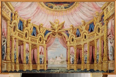 Csarnok oszlopcsarnokkal. Előkészítő dekoráció egy színdarabhoz. Orosz mester munkája, tempera vászonra alkotó: School Russian