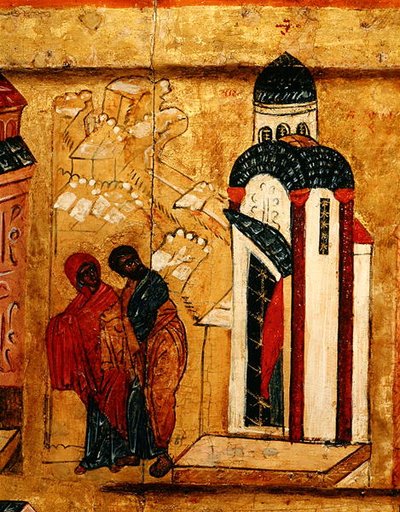 Ikon, amely azt ábrázolja, hogy Joachim és Anna ajándékait elutasítják gyermektelenségük miatt, 1550 körül (tempera és aranylevél a panelen) (314500 részlet) alkotó: School Russian