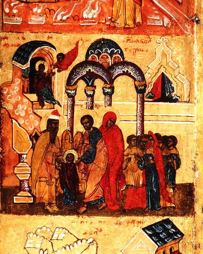 Szűz Mária gyermekkorát és Istennek szentelését ábrázoló ikon, 1550 körül (tempera és arany levél, tábla) (314500 részlet) alkotó: School Russian