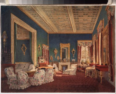 A Denyezhnikovo-kúria belseje. Orosz mester festménye, olaj, vászon, 19. század közepe. orosz művészet. Történelmi és Művészeti Múzeum, Ramenskoye (Oroszország). alkotó: School Russian