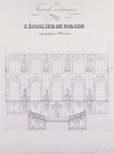 A Téli Palota felvonulási lépcsőjének belső homlokzata; A Téli Palota felvonulási lépcsőjének belső homlokzata, 1838 körül (toll- és tusrajz papíron) alkotó: School Russian