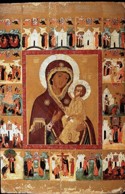 A tikhvini szűz a csodákkal (The Tikhvin Virgin With The Wonders). Orosz ikon, 17. század eleje. orosz művészet. A Csuvas Köztársaság Állami Művészeti Múzeuma, Cseboksary (Csuvasia). alkotó: School Russian