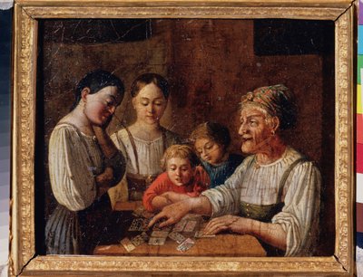 A jós. (A jövőt jósló öregasszony kártyákon). Orosz mester festménye, olaj, karton, 19. század eleje. Állami Orosz Múzeum, Szentpétervár. alkotó: School Russian