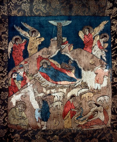 La nativite (születés) - Egy orosz mester lepel részlete, gyapjú, selyem, valamint arany és ezüst szálak alkotó: School Russian