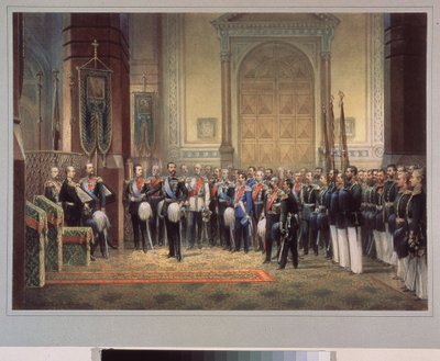 Nyikolaj Alekszandrovics Romanov orosz cár (1843-1865) hűségesküje a hadsereg templomában. Orosz mester munkája, akvarell papíron alkotó: School Russian