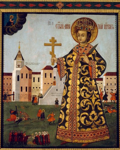 Tsarevics Demetrius (1582-1591) (vagy Moszkvai Dimitrij, Uglich városa előtt, Oroszországban). Névtelen festmény, tempera fára alkotó: School Russian