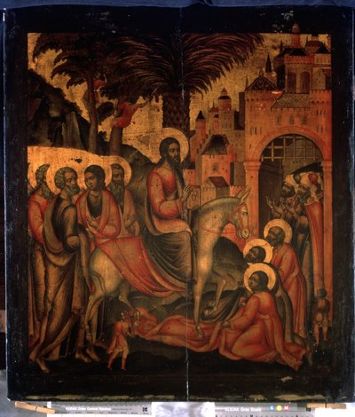 "Krisztus belépése Jeruzsálembe"" orosz ikon. Festmény fára a 17. századi Állami Egyesült Múzeumi Központból a Kremlben, Moszkvában alkotó: School Russian