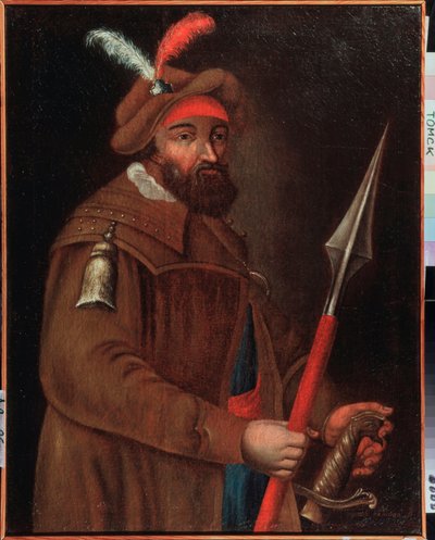 Jermak Timofejevics kozákvezér (született 1532 és 1542-1585 között), Szibéria meghódítójának portréja. Névtelen festmény, olaj, vászon, 18. század eleje. Állami Művészeti Múzeum, Tomszk (Oroszország). alkotó: School Russian