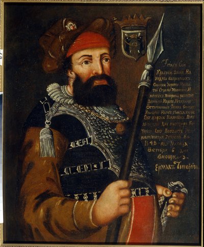Jermak Timofejevics (1532 és 1542-1585 között született) kozák vezér, Szibéria hódító és felfedező portréja (Jermak Timofejevics kozákvezér és Szibéria meghódítójának portréja). Névtelen festmény, olaj, vászon alkotó: School Russian
