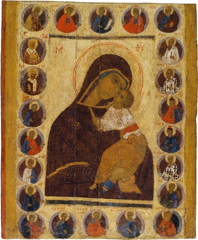 Orosz ikon: Gyengéd Szűzanya válogatott szentekkel. Tempera táblán, 15. század második fele, Történeti és Művészeti Múzeum, Suzdal alkotó: School Russian
