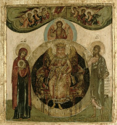 Orosz ikon Szofia, a Szent Bölcsesség, tüzes szárnyú angyal alakjában trónol (panel) alkotó: School Russian