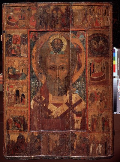 Saint Nicolas de Myre ou de Bari, avec des scenes de sa vie (Szent Miklós életének jeleneteivel). Orosz ikon, fa tempera, 15. század eleje, ősi művészet Jaroszlavlból (Oroszország). Állami Művészeti Múzeum, Jaroszlavl (Oroszország). alkotó: School Russian