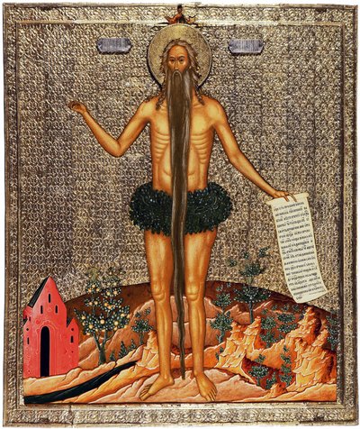 Szent Onufriusz (Szent Onuphrius). Onuphre anchorit vagy The Great (4. század), szerzetes, majd remete Egyiptomban, hagyományosan hosszú szakállal és ágakkal, mint ruházattal ábrázolják. Anonim munka Moszkvából, tempera fára, kb alkotó: School Russian