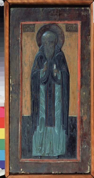 Szolovki Szent Zosimus (meghalt 1478-ban). Orosz ikon, polikróm faragott fa, 16. század közepe. Régi hagyományos orosz művészet északról. Regionális Szép- és Iparművészeti Múzeum, Szmolenszk (Oroszország). alkotó: School Russian