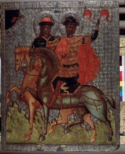 Szent Borisz (vagy Római) és Gleb (vagy Dávid) lovon (mártírok 1015-ben) (Szent Borisz és Gleb lóháton). Szent Vlagyimir kijevi nagyherceg fiatalabb fiai mindig kitűntek jámborságukkal, de apjuk, a legidősebb Svia halálakor alkotó: School Russian