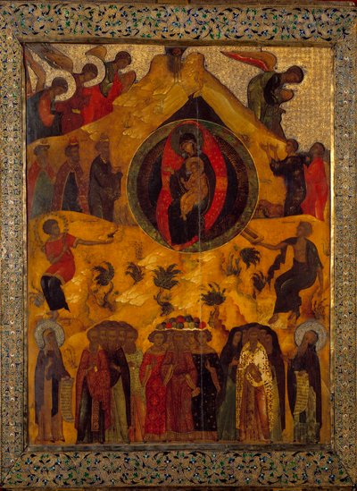 Az 1560-as szűz orosz ikon gyűlése. Oroszország, Monastere Solonsky alkotó: School Russian