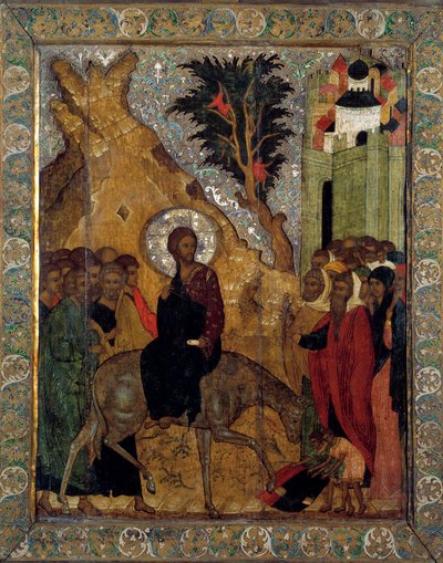 Krisztus beiratkozása Jeruzsálemben 1560 orosz ikonja. Moszkva, Kreml Múzeumok. alkotó: School Russian