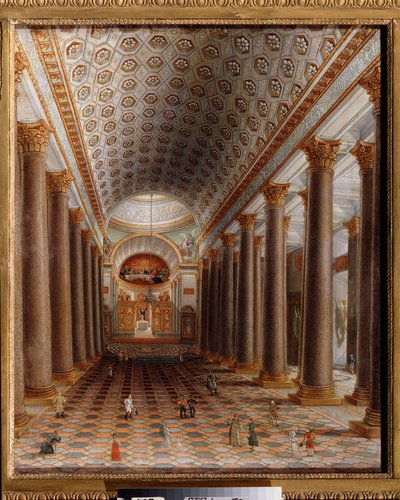 Belső nézet a kazanyi székesegyház Szentpéterváron. Orosz mester festménye, olaj, vászon, 19. század eleje. orosz művészet. Állami Tretyakov Galéria, Moszkva. alkotó: School Russian