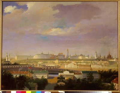 Kilátás a moszkvai Kremlre a Mars térről (Bolotnaya). Névtelen festmény, olaj, vászon, 19. század közepe. Orosz művészet, neoklasszicizmus. Állami Történeti Múzeum, Moszkva. alkotó: School Russian