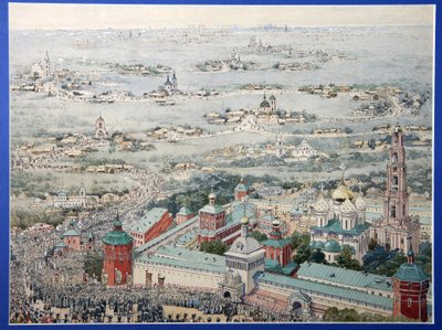 Kilátás a Szent Sergius Szentháromság Lavra (Trinite-Saint-Serge) kolostorára Sergiev Posadban a húsvéti körmenettel Moszkvából. (Sergius Szentháromság-lavrája Szergijev Poszadban a Húsvéti körmenettel Moszkvából). Mester munkája r alkotó: School Russian